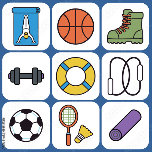 Sports and fitness equipment icon set with yoga mat basketball boots dumbbell lifebuoy jump rope soccer ball badminton racket and exercise gear for active healthy lifestyle