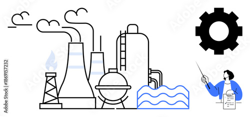 Factory with smokestacks, distillation tower, refinery, natural gas flame, water tank, gear icon, and person holding a pointer and document. Ideal for energy, manufacturing engineering innovation