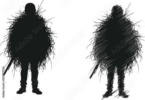 Detailed black silhouette of a sniper in a ghillie suit for tactical hunting and military camouflage concept on white background