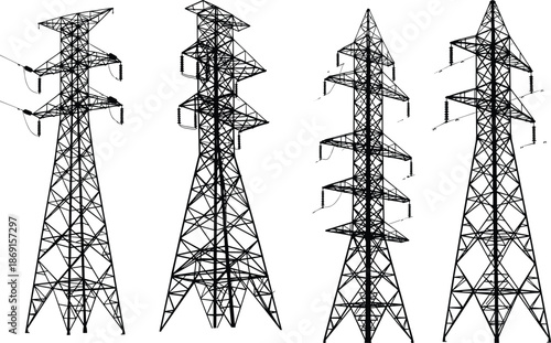 Detailed black vector silhouettes featuring high voltage electric transmission towers, industrial power pylons, and energy infrastructure isolated on white background,