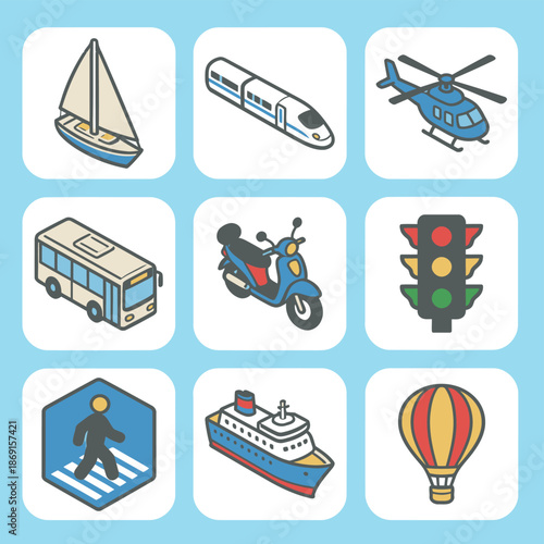 Transportation and city travel flat icon set featuring sailboat train helicopter bus scooter traffic light pedestrian sign cruise ship and hot air balloon