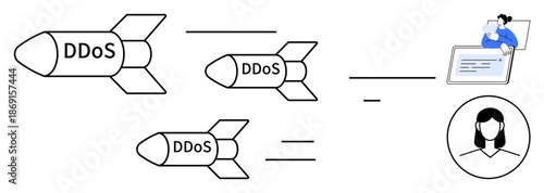 DDoS attack concept. DDoS threats by missiles targeting digital users. DDoS as a cybersecurity concern, network disruption risk, and protection need. For IT, data protection, and risk management