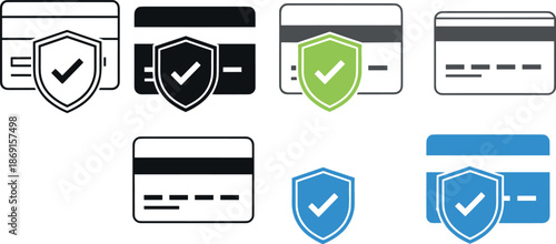 Secure online payment and credit card protection icons set illustrating verified transactions, financial security, fraud prevention, and safe digital banking concepts
