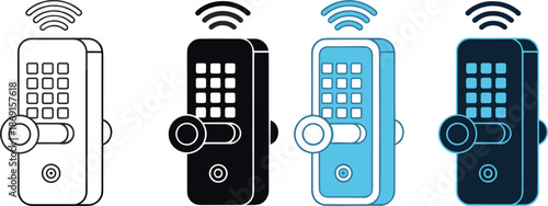 Smart door lock and access control icons set illustrating wireless security systems, keypad entry, digital home protection, and modern smart home technology concepts