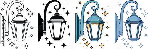 Street lantern and outdoor lighting icons set illustrating decorative wall lamps, urban illumination, vintage streetlight design, and nighttime city ambience concepts