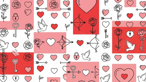A pattern of hearts roses arrows and love symbols on a white background