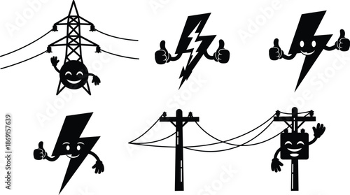 Electric cartoon characters, lightning bolts, smiling transformer, utility pole, thumbs-up gesture, power line vector, safety mascot, energy icon, infrastructure, fun illustration