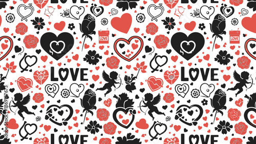 A seamless pattern of hearts birds and love lettering in black and red