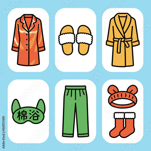 Women's cozy morning routine and sleepwear icons featuring a patterned pajama shirt, slippers, bathrobe, sleeping eye mask with text, green lounge pants, animal ear headband, and warm socks.