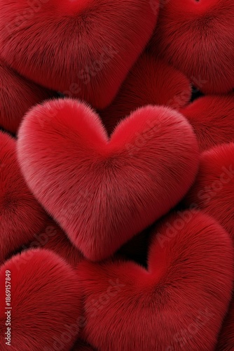 Soft red hearts in various sizes piled together on a dark background