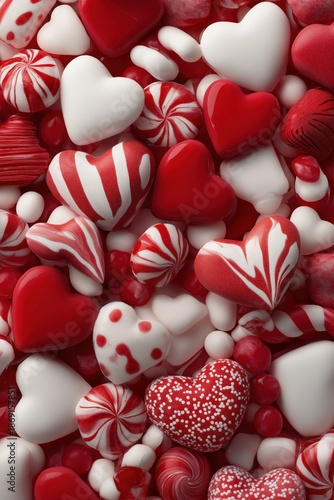 Colorful collection of red and white candy hearts scattered across a surface during a festive season