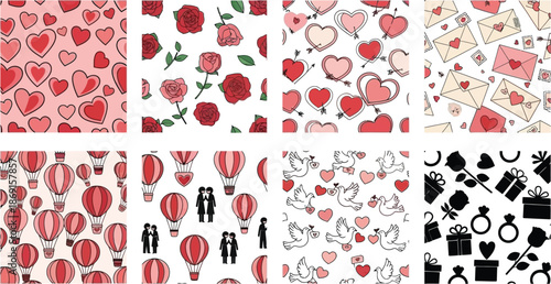 Collection of romantic patterns featuring hearts roses and celebratory elements