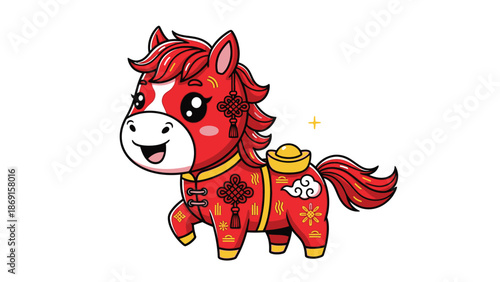 Cute cartoon red horse with Chinese knot and gold ingot for Lunar New Year celebration