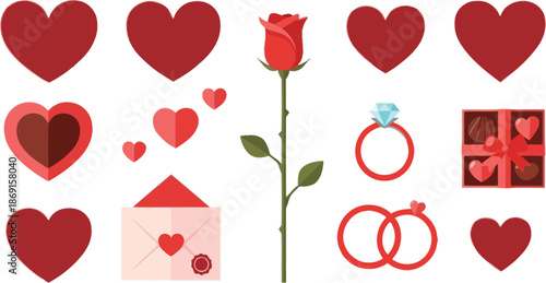 A collection of romantic symbols hearts a rose rings and chocolates