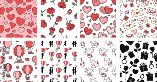 Collection of romantic patterns featuring hearts roses balloons and love letters
