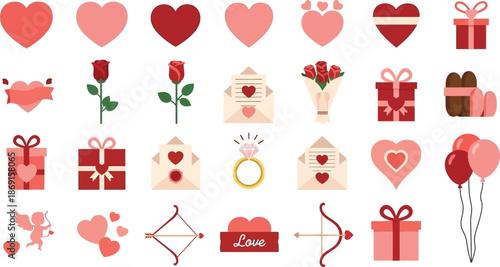 Collection of valentine s day themed icons including hearts roses and gifts