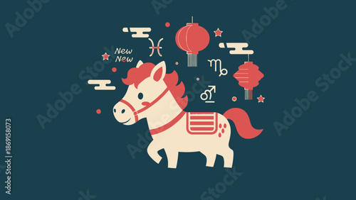 Cute Horse Zodiac Symbol with Lanterns and Astrology Signs