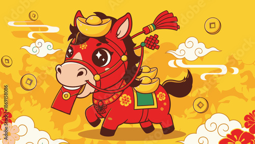 Cute red cartoon horse with gold ingots and coins, Chinese New Year celebration