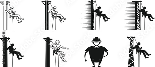 Electric lineman worker climbing utility poles with safety equipment, power line maintenance silhouettes, black vector illustration set for industry concepts