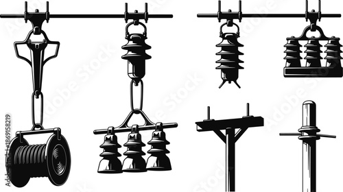 Electric power line insulators and utility pole hardware, transmission equipment silhouettes, black vector illustration set for energy infrastructure design concepts
