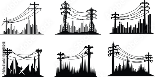 Electric power line silhouettes, transmission towers, urban skyline, infrastructure vector, black graphic, utility poles, cityscape, energy grid, voltage structure