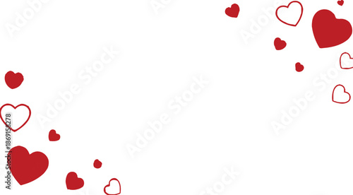A scattering of red and white hearts on a clean white background