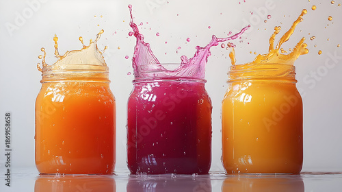 This image depicts four glass jars filled with colored liquids, arranged in a row against a white background. One of the jars, the pink one, features a dynamic splash of liquid. Generated 