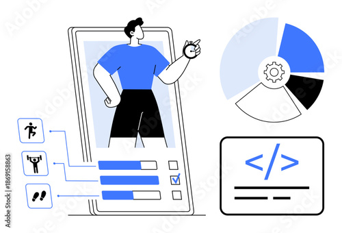 Health tracking, fitness apps, software development, data analysis, personal improvement, mobile technology. Person in fitness app interface, analytics graph and coding symbol. Fitness apps