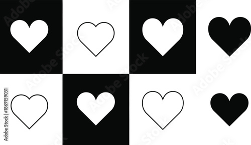 A grid of white and black hearts on a checkerboard pattern background