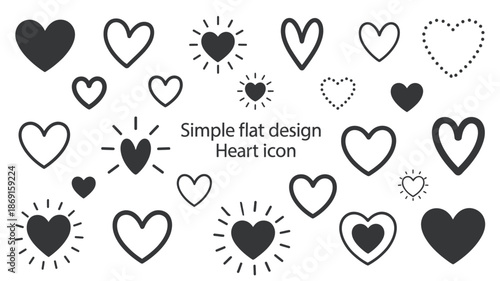 Simple Flat Heart Icon Set – Love Symbols in Black and White Minimal Design
