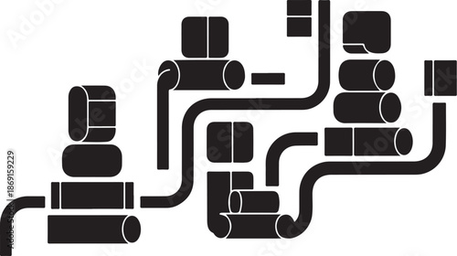 Black and white industrial pipeline system graphic illustration