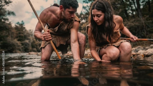 Prehistoric couple fishing by river