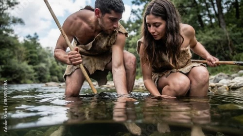 Prehistoric couple fishing by river