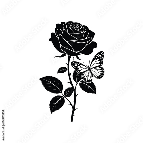 Elegant Rose and Butterfly Silhouette Illustration Black Vector Design: A Beautiful Floral and Insect Motif in Detailed Vector Art Projects