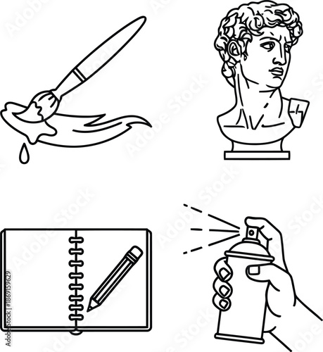 Art and creativity icons: paintbrush, david bust, sketchbook, spray can vector set