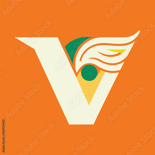 Stylized letter V logo with wing and sun design elements