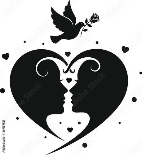 A silhouette of two faces within a heart with a bird and rose above