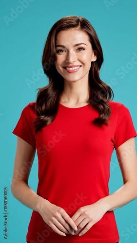 Young woman in red t-shirt smiles warmly, looking into the camera