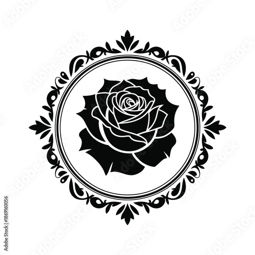 Rose in Ornate Frame Silhouette Vector Illustration: A Black and White Floral Design, Perfect for Elegant Invitations and Decorative Graphic Projects