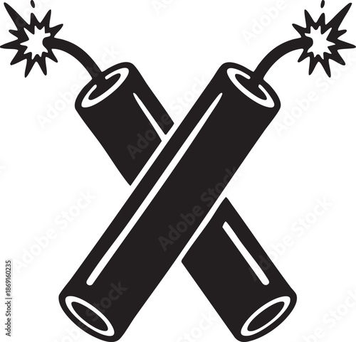 Dynamite Sticks Silhouette Icon Crossed Explosives with Lit Fuses Minimal Black Symbol Isolated
