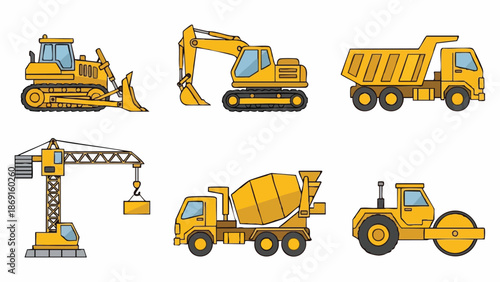 Yellow Heavy Construction Machinery Set.