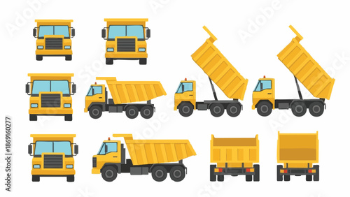Dump Trucks Set Front Side Back Tipped Views.