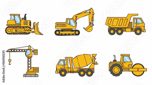 Yellow construction equipment icons set.