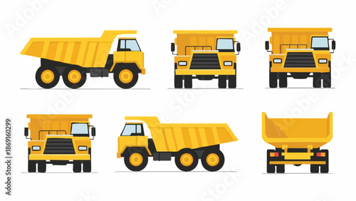Yellow Dump Trucks Side Front Rear Views - Construction Vehicle Set.