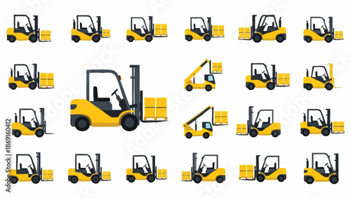 Yellow Forklift Truck Set Vector Graphics.