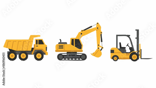 Heavy machinery set construction equipment dump truck excavator forklift.