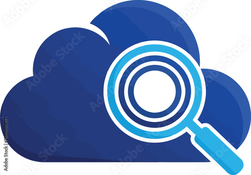 Cloud search icon for data analysis, security, and optimization in computing technology