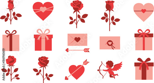 Valentine s day elements hearts gifts roses cupid and love symbols collection