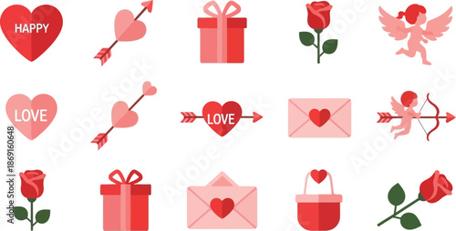 Valentine's Day icons: hearts roses gifts envelopes and cupid s arrow