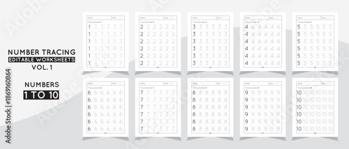 Number Tracing Editable Worksheets, Numbers 1 to 10, Printable Preschool Education Set